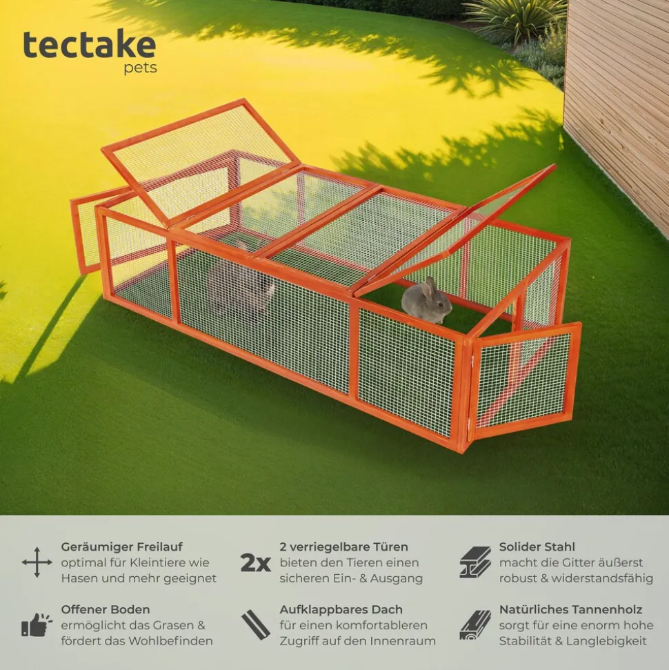 tectake® Hasenstall, aus Holz, 2 Dachöffnungen, 181 x 90 x 48 cm