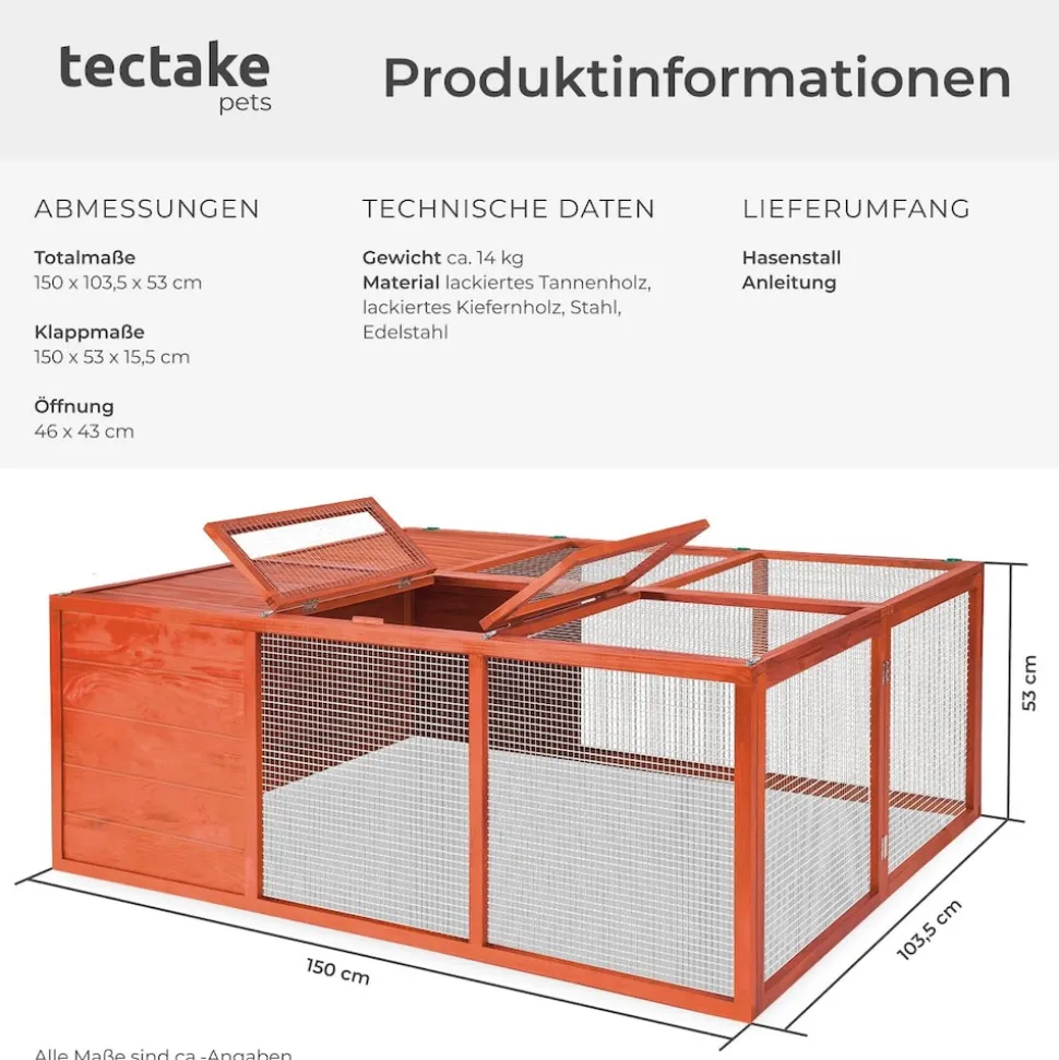 tectake® Hasenstall, faltbar, aus lackiertem Holz, engmaschiges Gitter, 150 x 103 x 53 cm, keine Montage