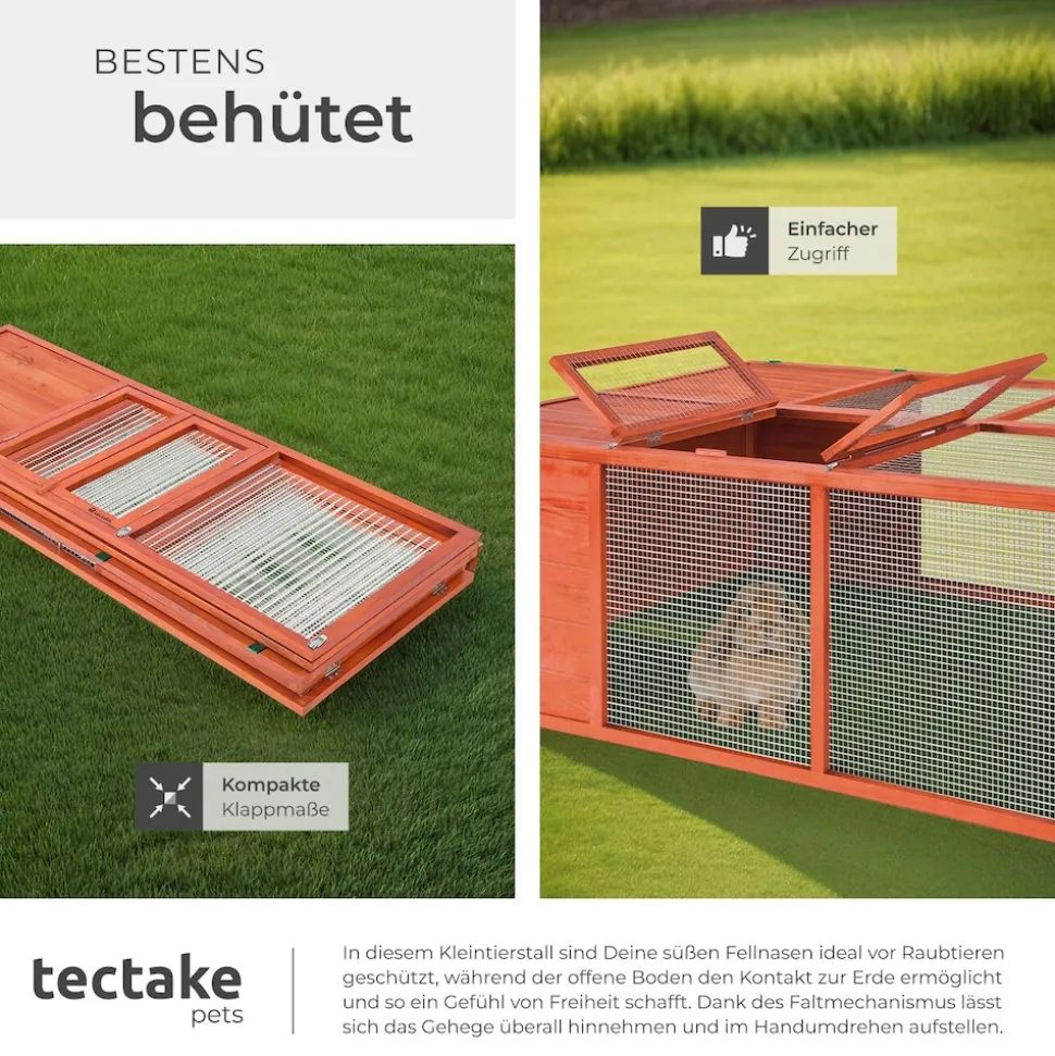 tectake® Hasenstall, faltbar, aus lackiertem Holz, engmaschiges Gitter, 150 x 103 x 53 cm, keine Montage