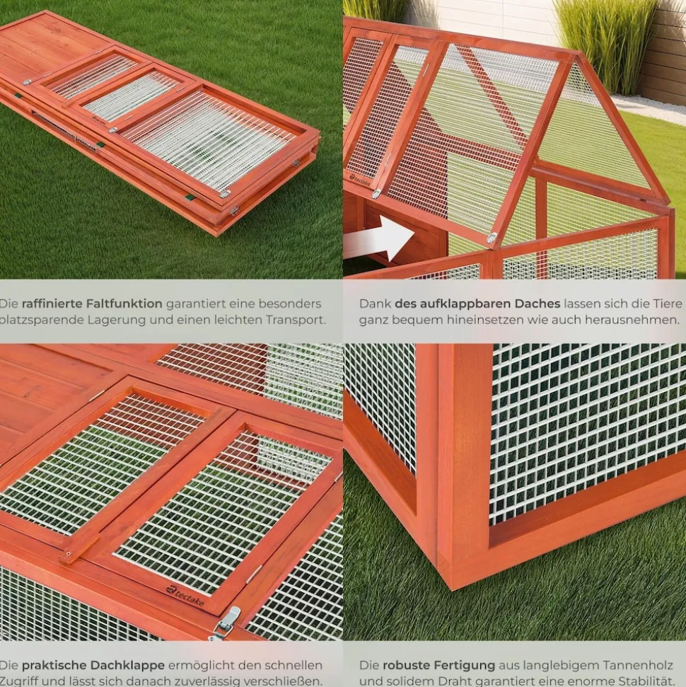 tectake® Hasenstall, faltbar, aus lackiertem Holz, engmaschiges Gitter, 150 x 103 x 53 cm, keine Montage