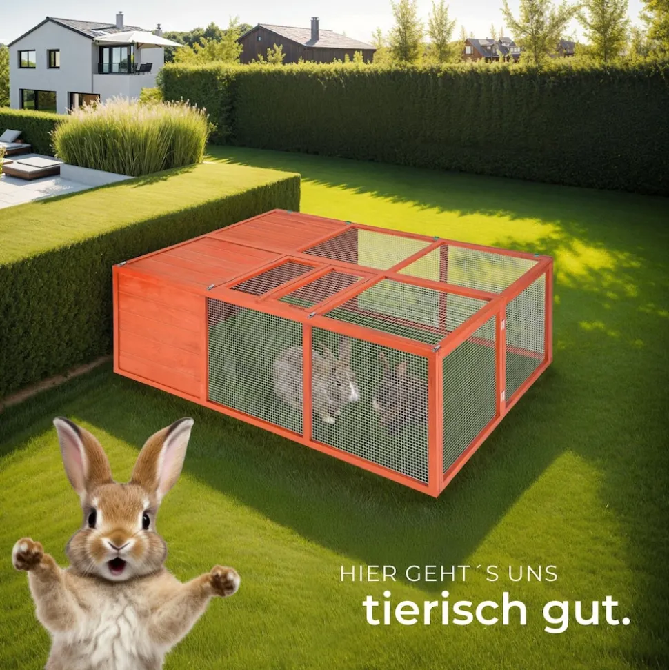 tectake® Hasenstall, faltbar, aus lackiertem Holz, engmaschiges Gitter, 150 x 103 x 53 cm, keine Montage
