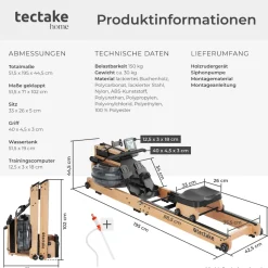 tectake® Holzrudergerät, aus massiver Buche, klappbar, 6-fach verstellbare Pedale, mit LCD-Anzeige, flexibler Handyhalterung und Bluetooth