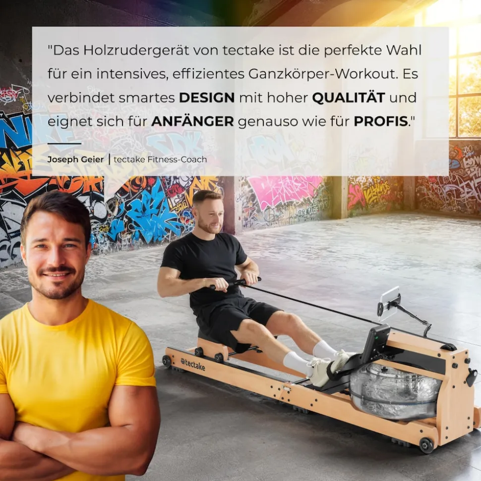 tectake® Holzrudergerät, aus massiver Buche, klappbar, 6-fach verstellbare Pedale, mit LCD-Anzeige, flexibler Handyhalterung und Bluetooth