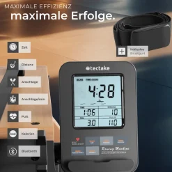 tectake® Holzrudergerät, aus massiver Buche, klappbar, 6-fach verstellbare Pedale, mit LCD-Anzeige, flexibler Handyhalterung und Bluetooth