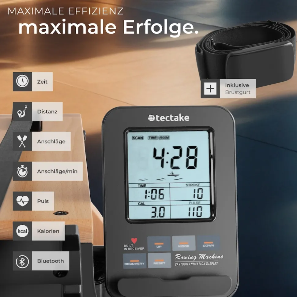 tectake® Holzrudergerät, aus massiver Buche, klappbar, 6-fach verstellbare Pedale, mit LCD-Anzeige, flexibler Handyhalterung und Bluetooth