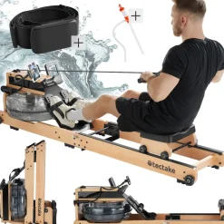 tectake® Holzrudergerät, aus massiver Buche, klappbar, 6-fach verstellbare Pedale, mit LCD-Anzeige, flexibler Handyhalterung und Bluetooth