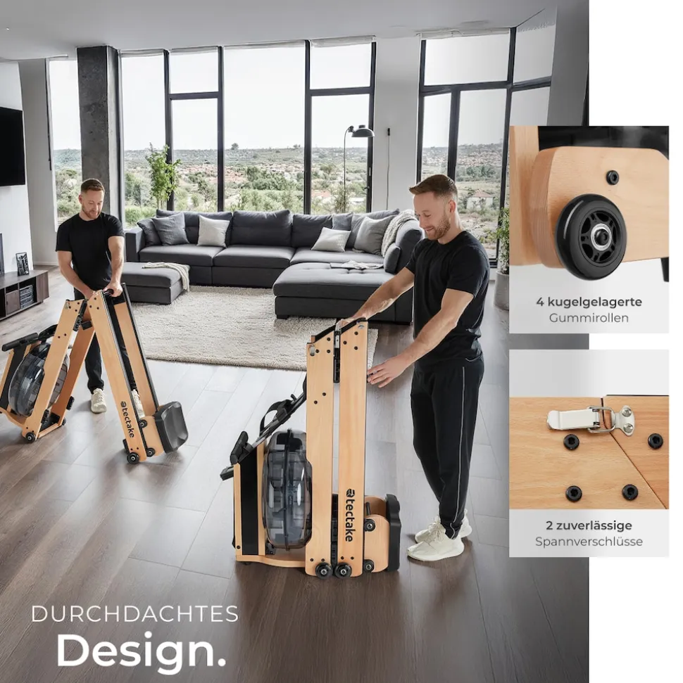 tectake® Holzrudergerät, aus massiver Buche, klappbar, 6-fach verstellbare Pedale, mit LCD-Anzeige, flexibler Handyhalterung und Bluetooth