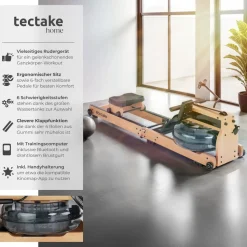 tectake® Holzrudergerät, aus massiver Buche, klappbar, 6-fach verstellbare Pedale, mit LCD-Anzeige, flexibler Handyhalterung und Bluetooth