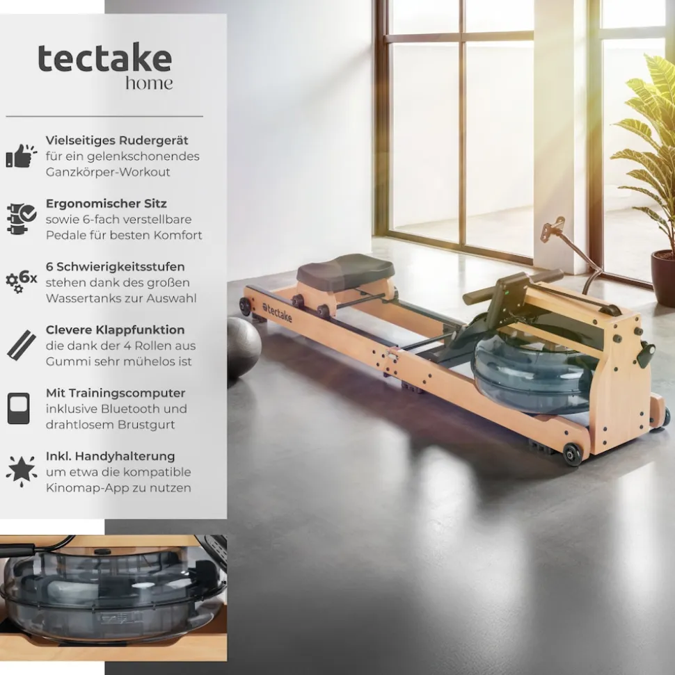 tectake® Holzrudergerät, aus massiver Buche, klappbar, 6-fach verstellbare Pedale, mit LCD-Anzeige, flexibler Handyhalterung und Bluetooth