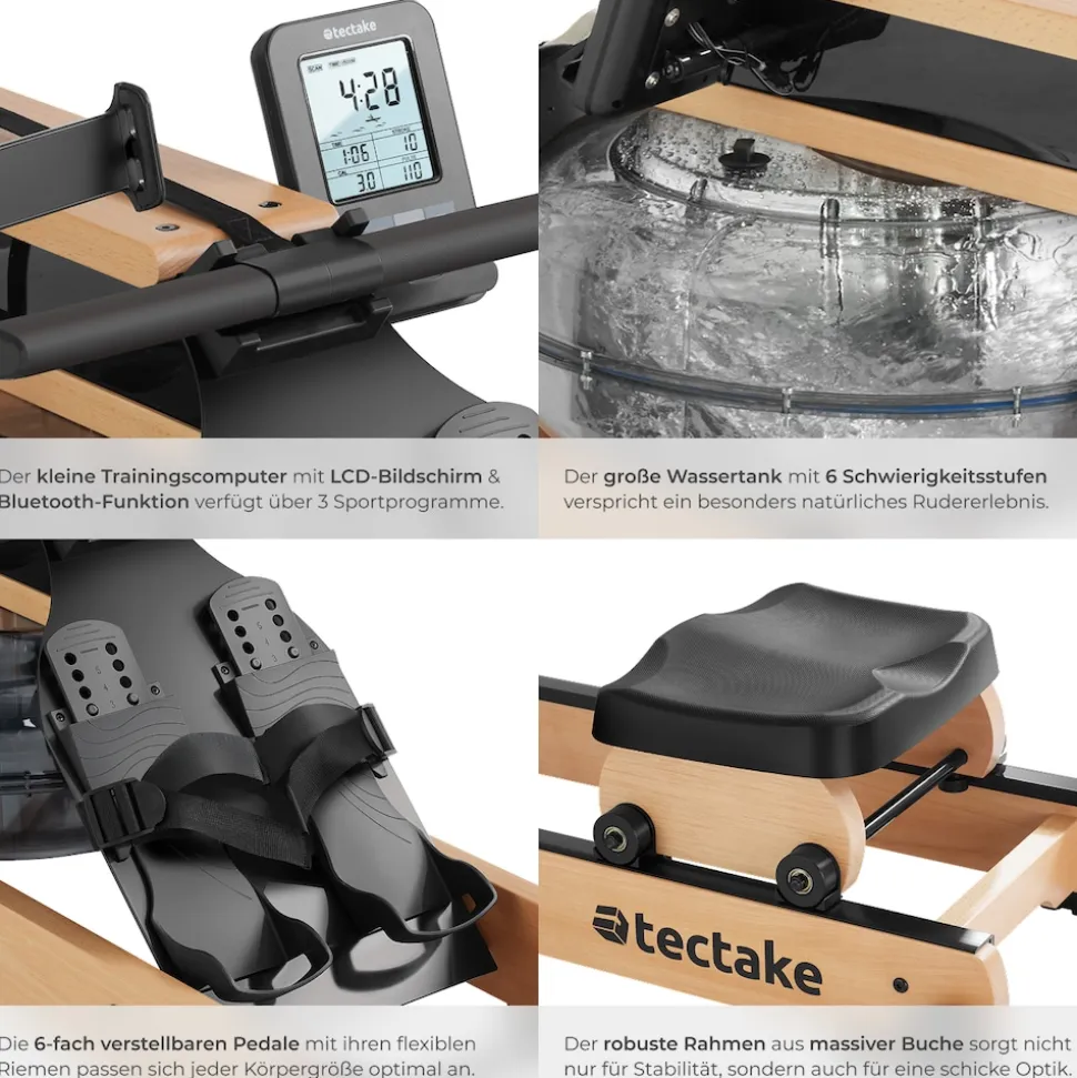 tectake® Holzrudergerät, aus massiver Buche, klappbar, 6-fach verstellbare Pedale, mit LCD-Anzeige, flexibler Handyhalterung und Bluetooth
