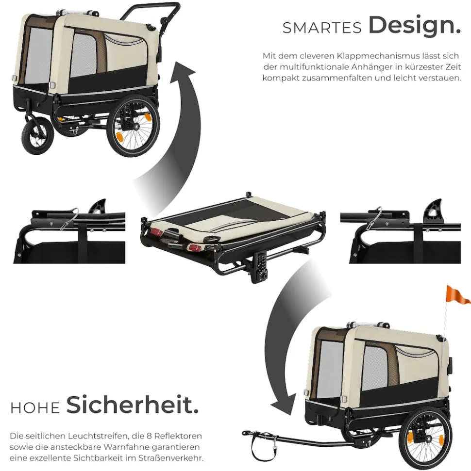 tectake® Hundeanhänger, 3in1 multifunktional, gefedert, Belastbarkeit 40 kg, 240 Liter, inklusive Reflektoren, Leine und Warnfahne