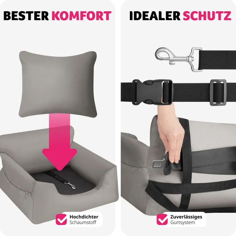 tectake® Hundeautositz, mit Sicherheitsleine und 2 Befestigungsgurten, längenverstellbar, abnehmbare Bezüge aus Canvas, wasserabweisend und waschbar, 55 x 50 x 29 cm