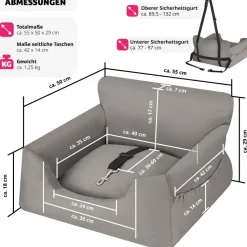 tectake® Hundeautositz, mit Sicherheitsleine und 2 Befestigungsgurten, längenverstellbar, abnehmbare Bezüge aus Canvas, wasserabweisend und waschbar, 55 x 50 x 29 cm
