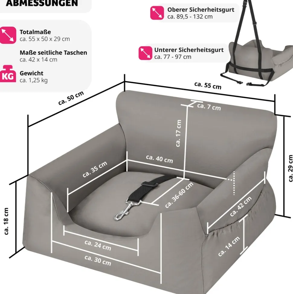 tectake® Hundeautositz, mit Sicherheitsleine und 2 Befestigungsgurten, längenverstellbar, abnehmbare Bezüge aus Canvas, wasserabweisend und waschbar, 55 x 50 x 29 cm