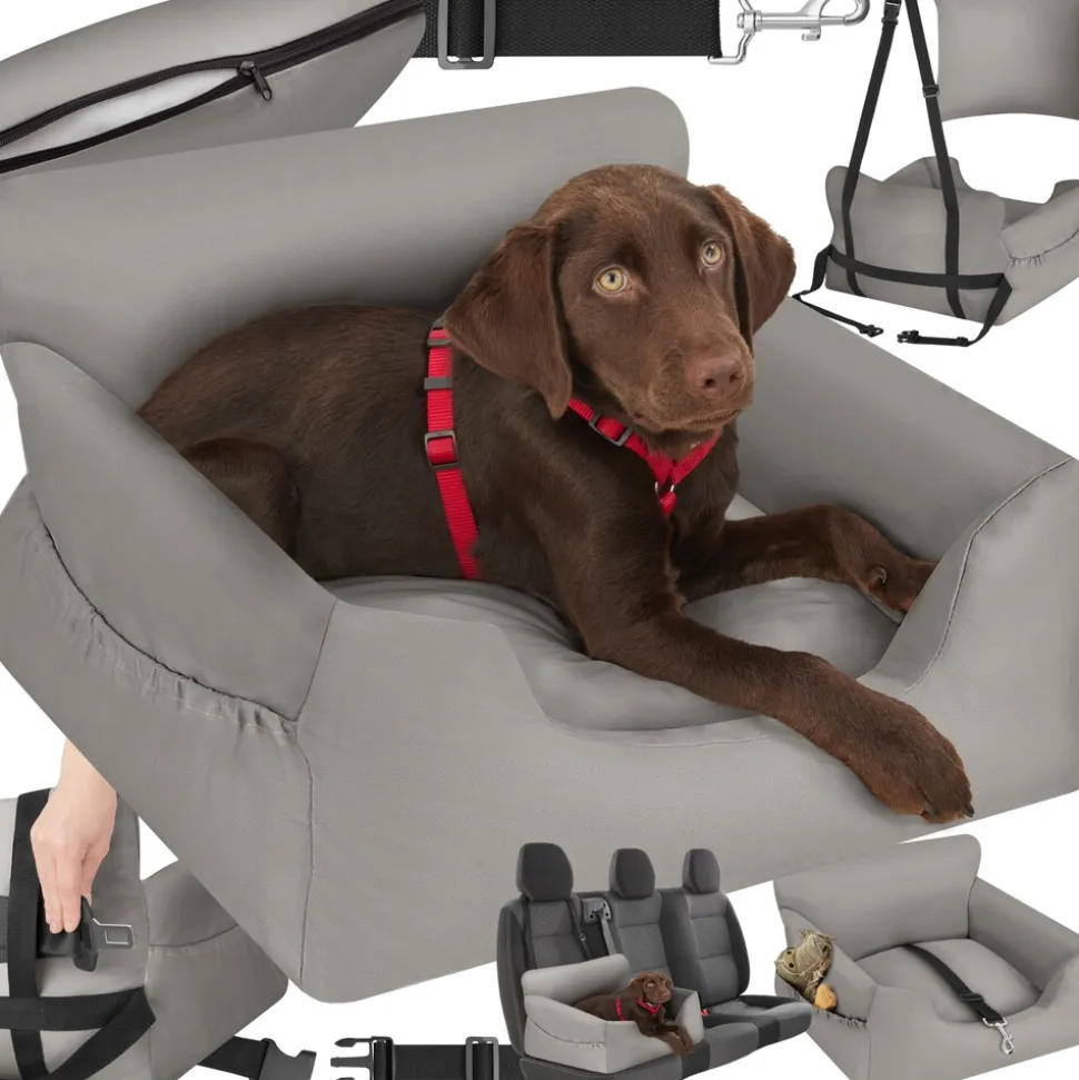 tectake® Hundeautositz, mit Sicherheitsleine und 2 Befestigungsgurten, längenverstellbar, abnehmbare Bezüge aus Canvas, wasserabweisend und waschbar, 55 x 50 x 29 cm