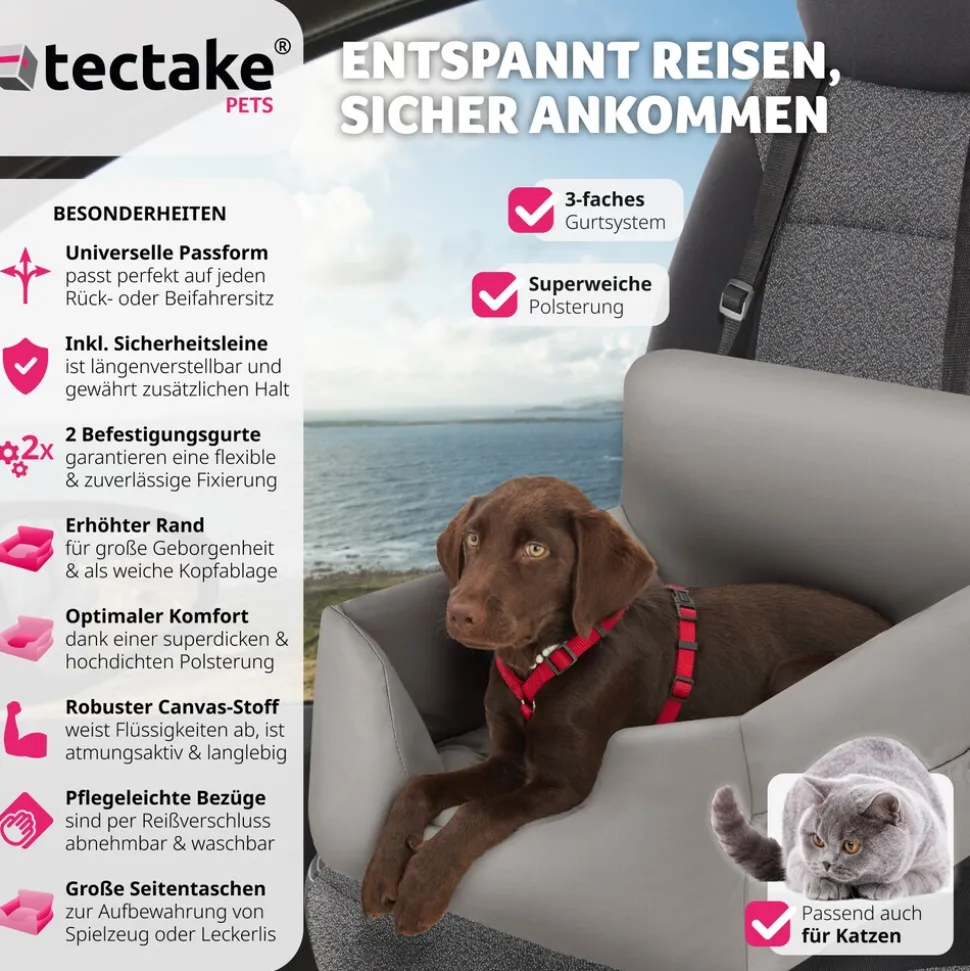 tectake® Hundeautositz, mit Sicherheitsleine und 2 Befestigungsgurten, längenverstellbar, abnehmbare Bezüge aus Canvas, wasserabweisend und waschbar, 55 x 50 x 29 cm