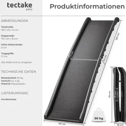 tectake® Hunderampe, klappbar und rutschfest, Belastbarkeit 90 kg, 155 x 40 x 14 cm
