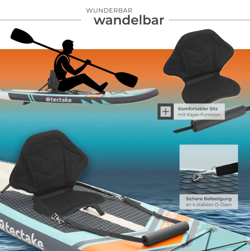 tectake® 2in1 Stand-Up Paddle Board 288 cm, aus Drop-Stitch Material, verstellbares Doppelpaddel, Belastbarkeit 200 kg, inklusive Kajak-Sitz
