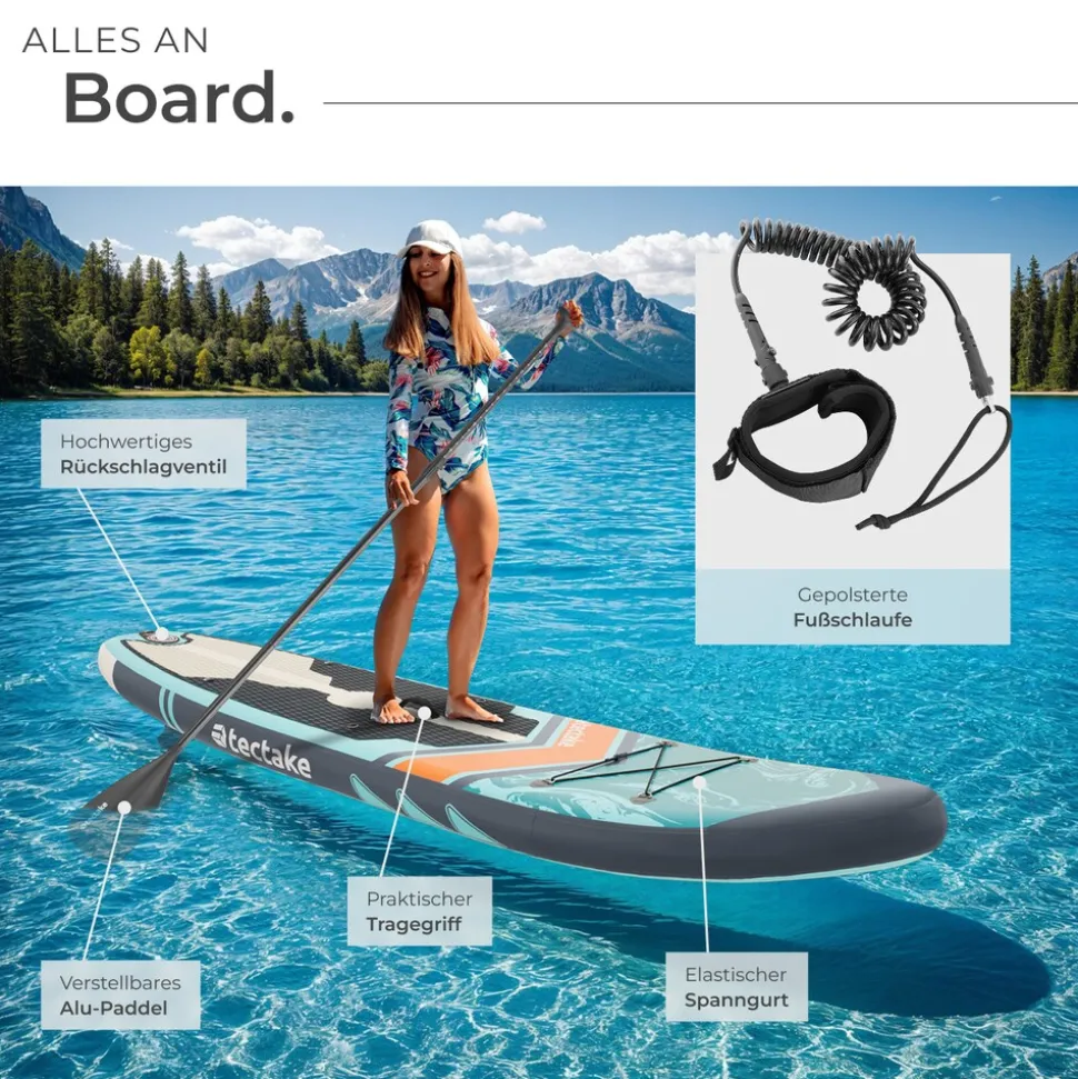 tectake® 2in1 Stand-Up Paddle Board 288 cm, aus Drop-Stitch Material, verstellbares Doppelpaddel, Belastbarkeit 200 kg, inklusive Kajak-Sitz