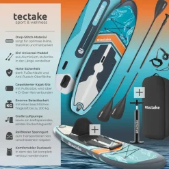 tectake® 2in1 Stand-Up Paddle Board 288 cm, aus Drop-Stitch Material, verstellbares Doppelpaddel, Belastbarkeit 200 kg, inklusive Kajak-Sitz
