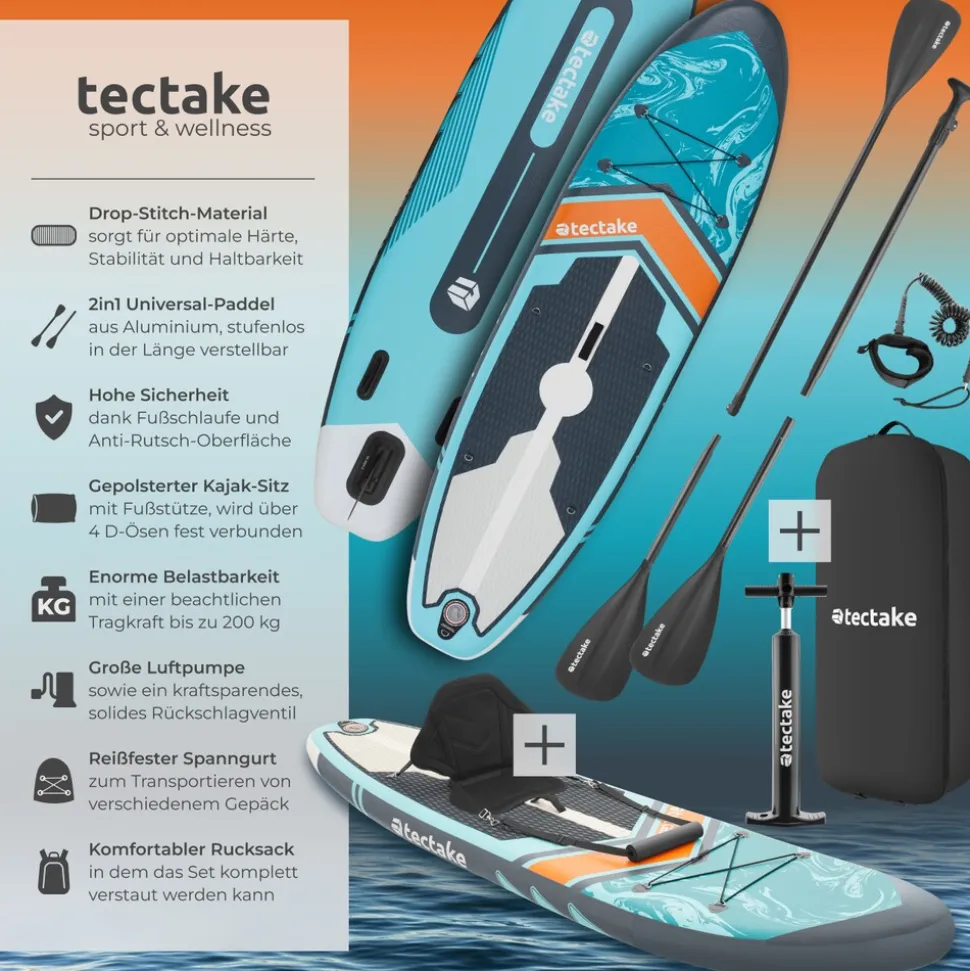 tectake® 2in1 Stand-Up Paddle Board 288 cm, aus Drop-Stitch Material, verstellbares Doppelpaddel, Belastbarkeit 200 kg, inklusive Kajak-Sitz