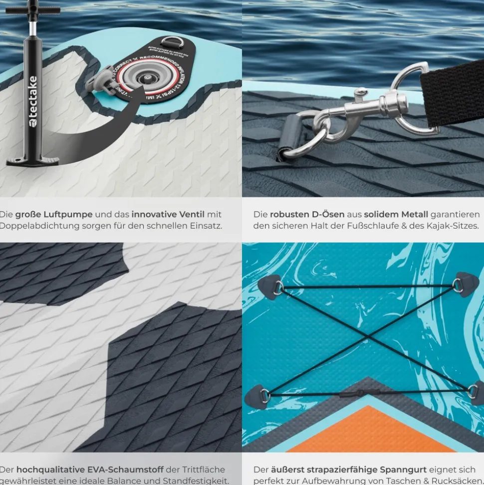 tectake® 2in1 Stand-Up Paddle Board 288 cm, aus Drop-Stitch Material, verstellbares Doppelpaddel, Belastbarkeit 200 kg, inklusive Kajak-Sitz