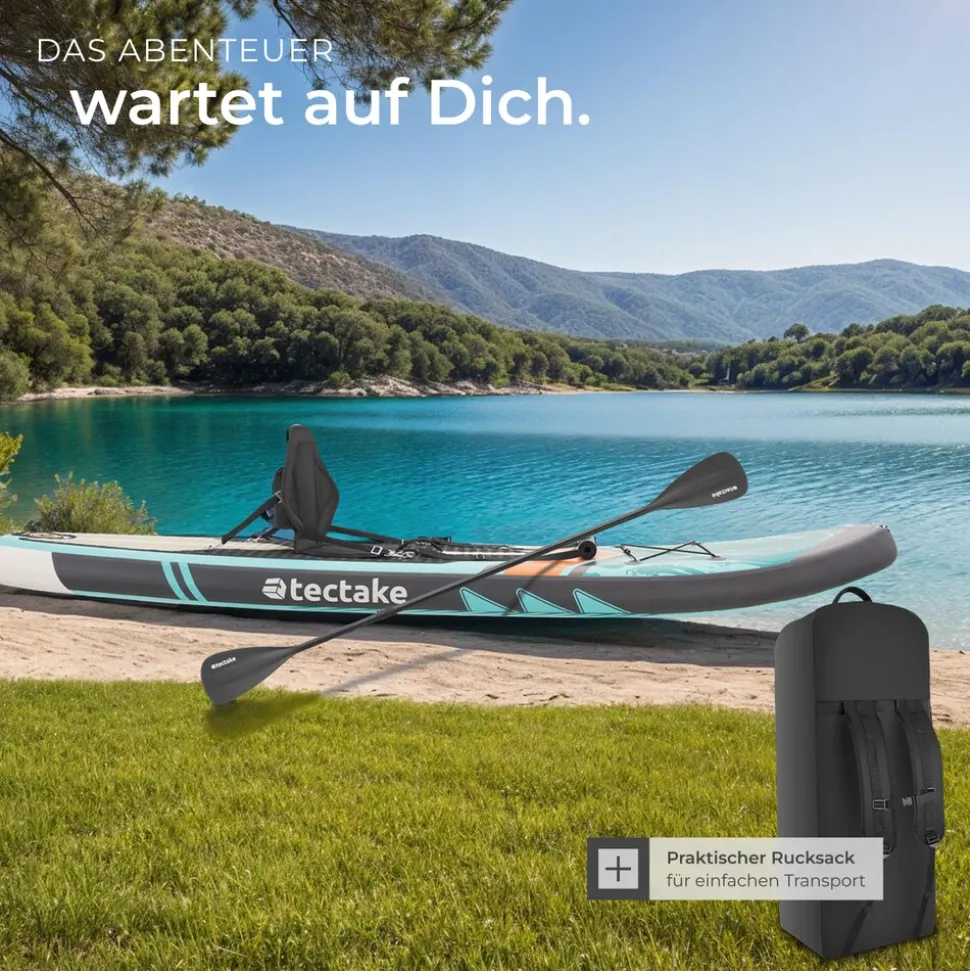 tectake® 2in1 Stand-Up Paddle Board 288 cm, aus Drop-Stitch Material, verstellbares Doppelpaddel, Belastbarkeit 200 kg, inklusive Kajak-Sitz
