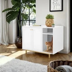 tectake® Katzenschrank, seitlicher Eingang, hohe Beine, kleines Staufach, inklusive Kratzmatte, 80 x 52 x 61,5 cm