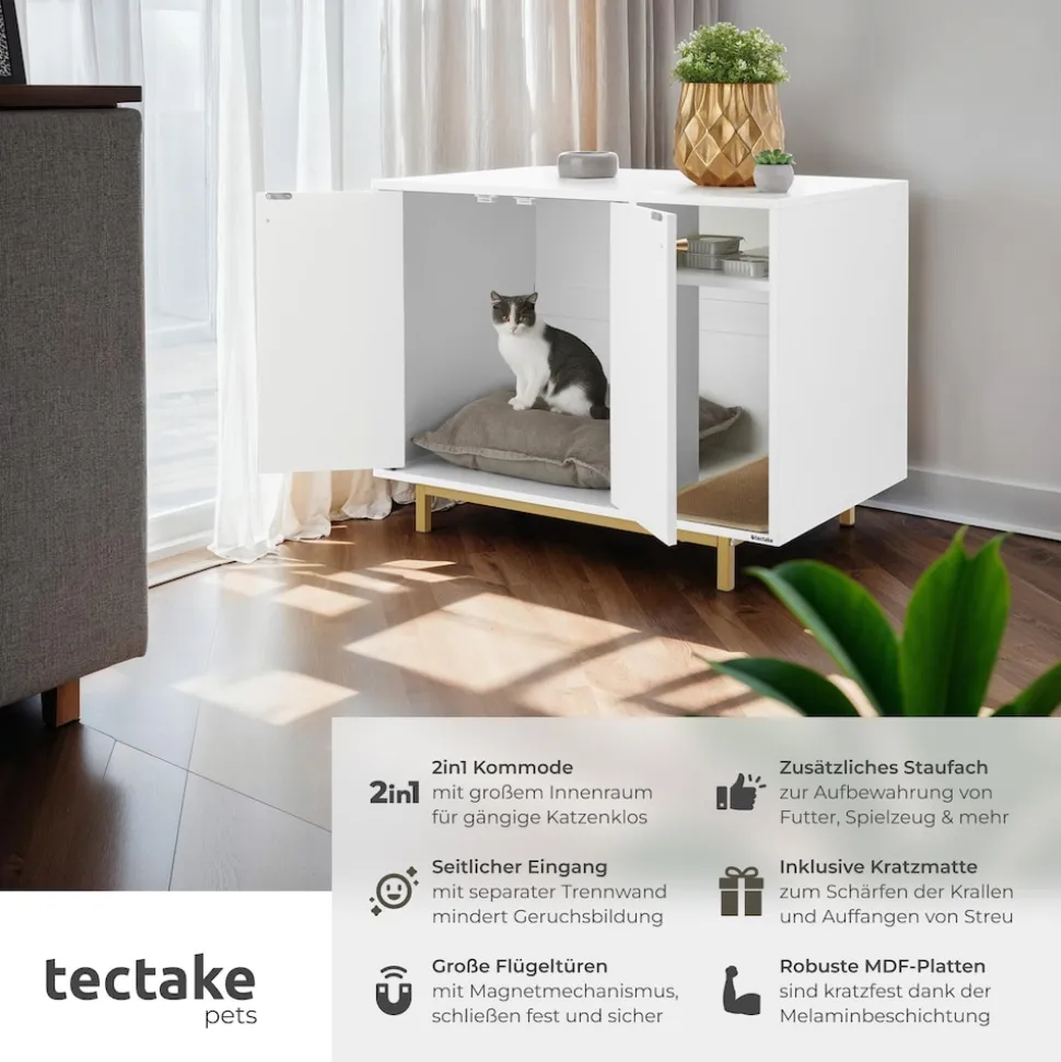 tectake® Katzenschrank, seitlicher Eingang, hohe Beine, kleines Staufach, inklusive Kratzmatte, 80 x 52 x 61,5 cm