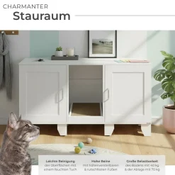 tectake® Katzenschrank, versteckte Eingänge an den Innenseiten, Belüftungslöcher und 4 höhenverstellbare Beine, inklusive Kratzmatte, 120 x 52 x 65 cm
