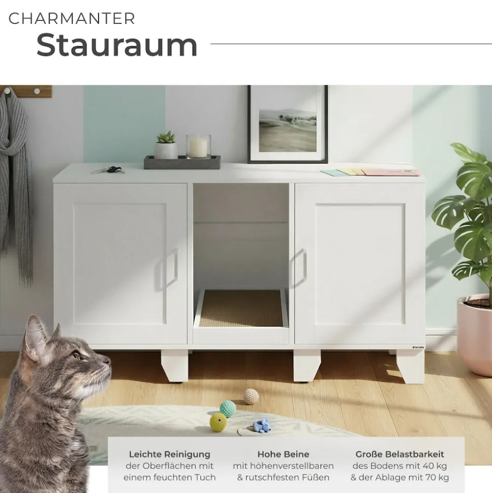 tectake® Katzenschrank, versteckte Eingänge an den Innenseiten, Belüftungslöcher und 4 höhenverstellbare Beine, inklusive Kratzmatte, 120 x 52 x 65 cm