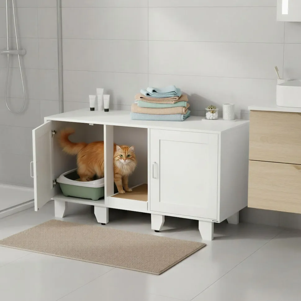 tectake® Katzenschrank, versteckte Eingänge an den Innenseiten, Belüftungslöcher und 4 höhenverstellbare Beine, inklusive Kratzmatte, 120 x 52 x 65 cm