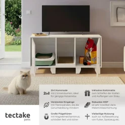 tectake® Katzenschrank, versteckte Eingänge an den Innenseiten, Belüftungslöcher und 4 höhenverstellbare Beine, inklusive Kratzmatte, 120 x 52 x 65 cm