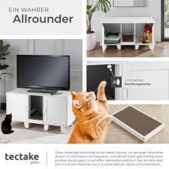 tectake® Katzenschrank, versteckte Eingänge an den Innenseiten, Belüftungslöcher und 4 höhenverstellbare Beine, inklusive Kratzmatte, 120 x 52 x 65 cm