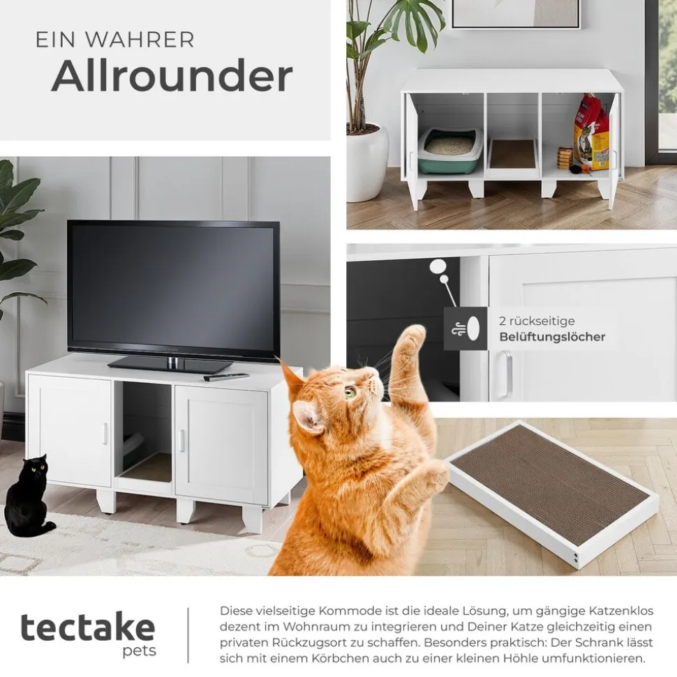 tectake® Katzenschrank, versteckte Eingänge an den Innenseiten, Belüftungslöcher und 4 höhenverstellbare Beine, inklusive Kratzmatte, 120 x 52 x 65 cm
