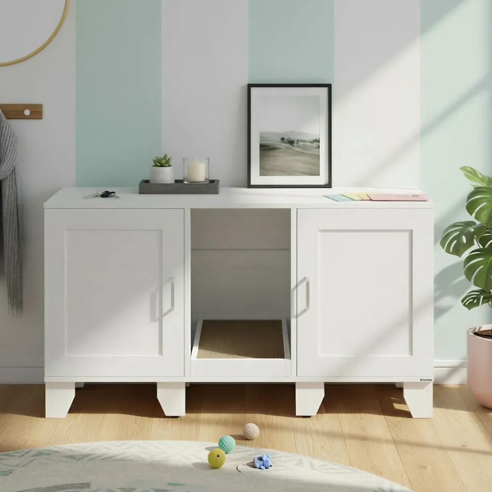 tectake® Katzenschrank, versteckte Eingänge an den Innenseiten, Belüftungslöcher und 4 höhenverstellbare Beine, inklusive Kratzmatte, 120 x 52 x 65 cm