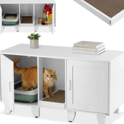 tectake® Katzenschrank, versteckte Eingänge an den Innenseiten, Belüftungslöcher und 4 höhenverstellbare Beine, inklusive Kratzmatte, 120 x 52 x 65 cm