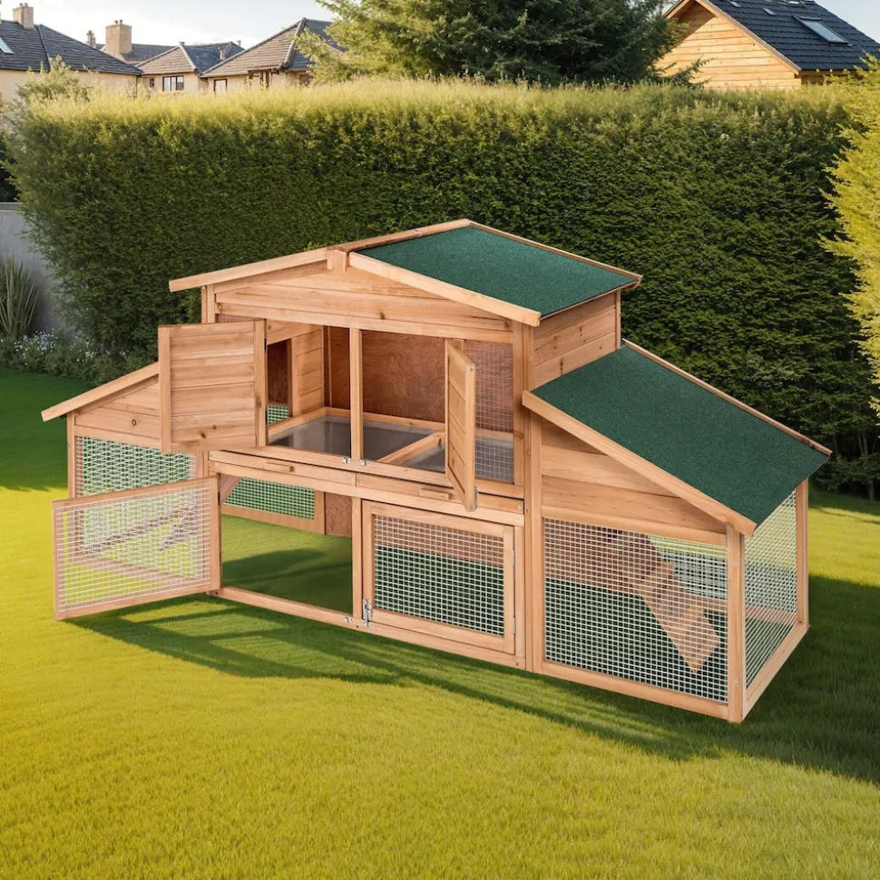 tectake® Kleintierstall, aus Holz, 4 Türen, Ruhezone und Freilaufbereich, inklusive ausziehbarer Schublade, 226 x 77 x 95,5 cm