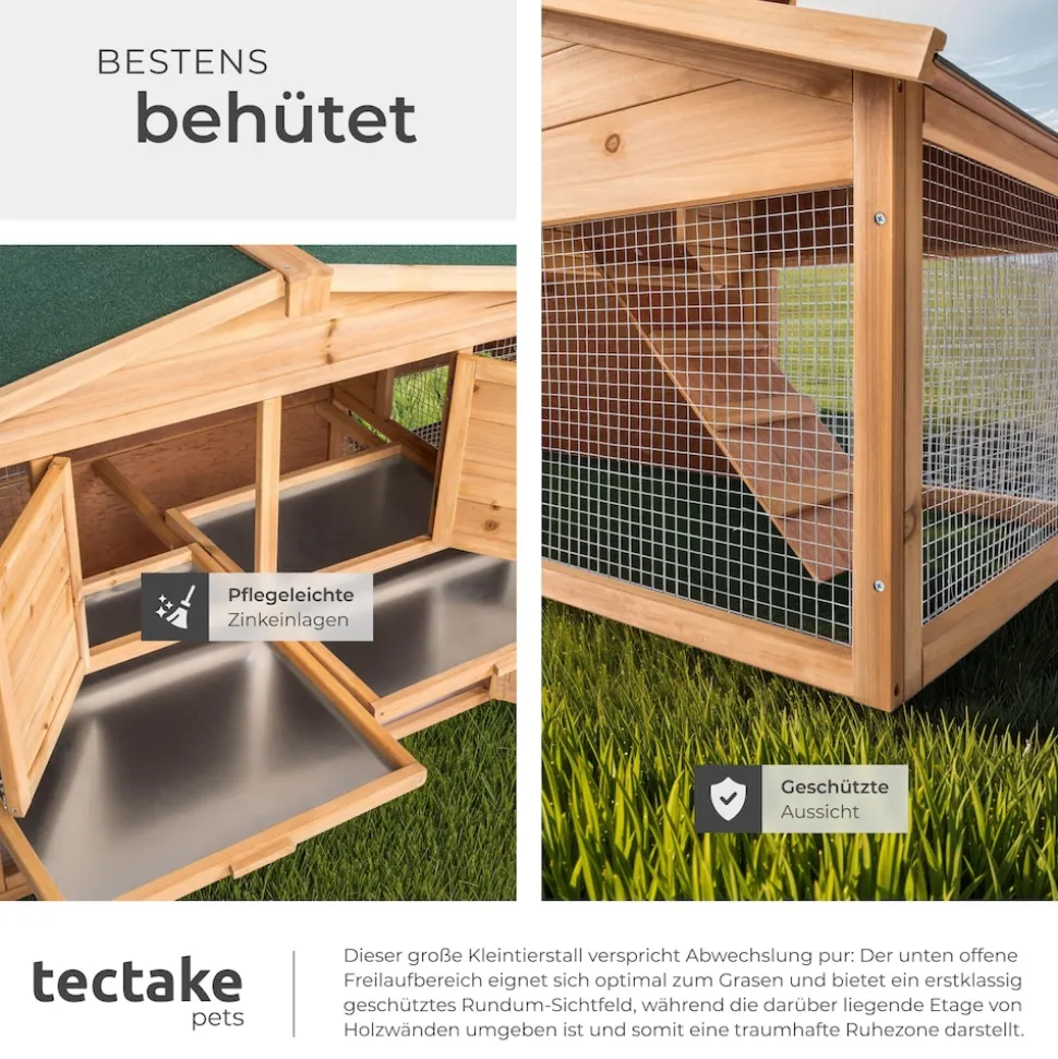 tectake® Kleintierstall, aus Holz, 4 Türen, Ruhezone und Freilaufbereich, inklusive ausziehbarer Schublade, 226 x 77 x 95,5 cm