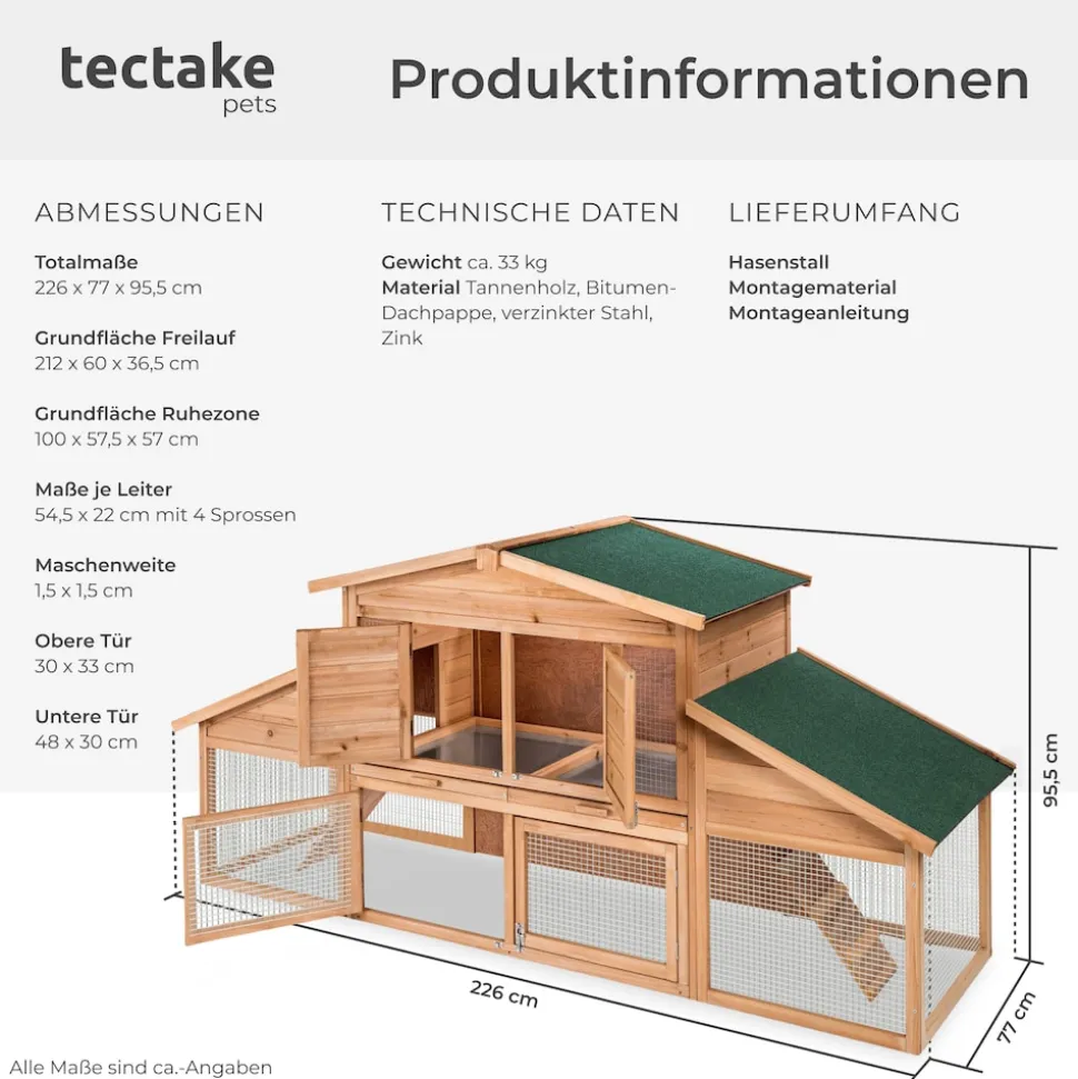 tectake® Kleintierstall, aus Holz, 4 Türen, Ruhezone und Freilaufbereich, inklusive ausziehbarer Schublade, 226 x 77 x 95,5 cm