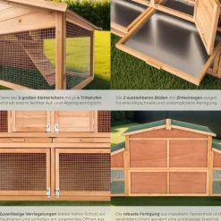 tectake® Kleintierstall, aus Holz, 4 Türen, Ruhezone und Freilaufbereich, inklusive ausziehbarer Schublade, 226 x 77 x 95,5 cm