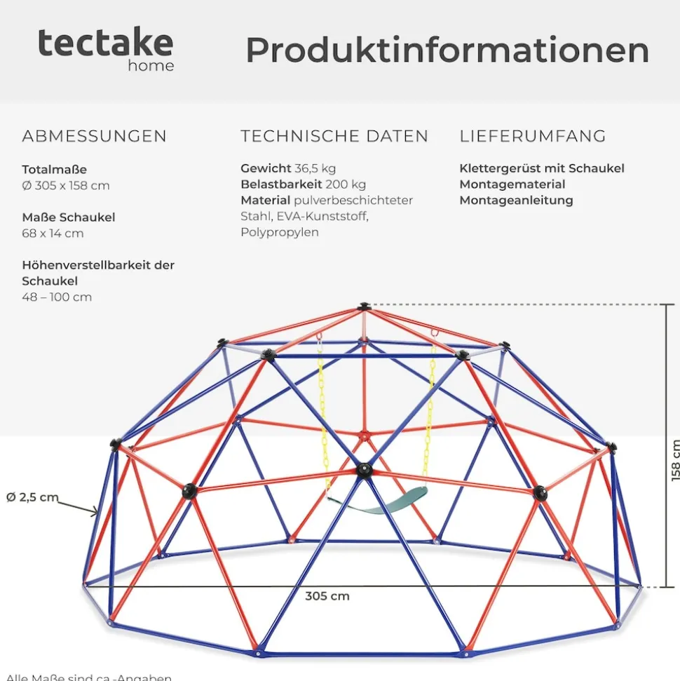 tectake® Klettergerüst mit Schaukel, Ø 305 cm, Belastbarkeit 200 kg, ab 3 Jahren