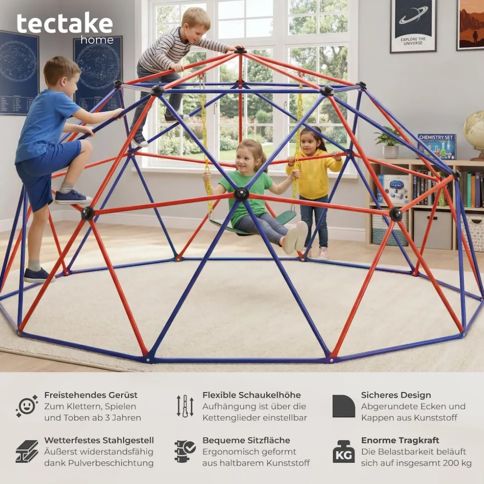 tectake® Klettergerüst mit Schaukel, Ø 305 cm, Belastbarkeit 200 kg, ab 3 Jahren