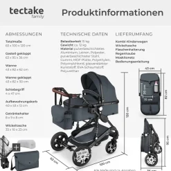 tectake® Kombi-Kinderwagen, 2 in 1, klappbar, mit 5-Punkt-Gurt, Bremse, Schutzbügel und Handschlaufe, pulverbeschichteter Aluminiumrahmen, pflegeleichter Stoffbezug, für 0 bis 36 Monate geeignet, Belastbarkeit 15 kg