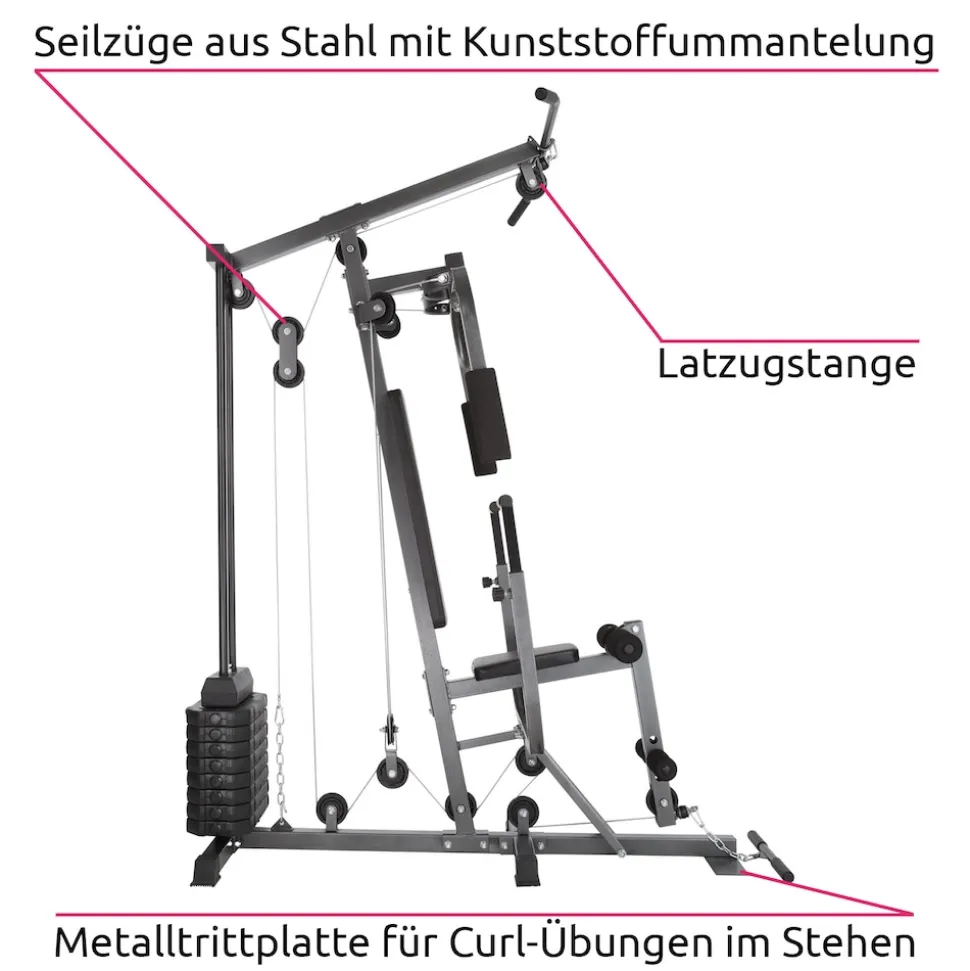tectake® Kraftstation, mit Butterfly-, Beinstrecker- und höhenverstellbarem Butterflymodul, gepolstert mit Kunstlederbezug, 160 x 98 x 203 cm