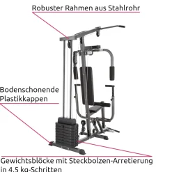 tectake® Kraftstation, mit Butterfly-, Beinstrecker- und höhenverstellbarem Butterflymodul, gepolstert mit Kunstlederbezug, 160 x 98 x 203 cm