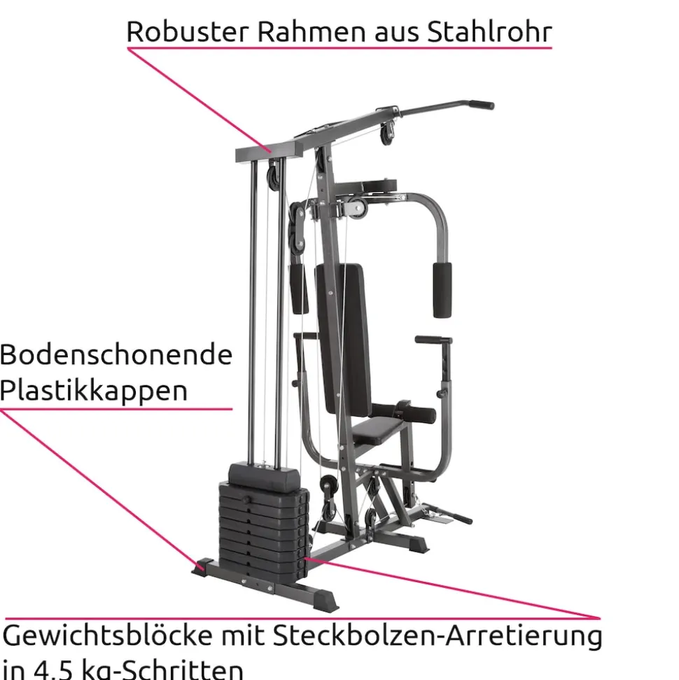 tectake® Kraftstation, mit Butterfly-, Beinstrecker- und höhenverstellbarem Butterflymodul, gepolstert mit Kunstlederbezug, 160 x 98 x 203 cm