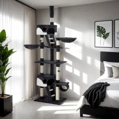 tectake® Kratzbaum, 243 bis 260 cm, mit 2 Katzenhäusern, inklusive 2 Treppen, 2 Spielbällen, Deckenspanner und Kippschutz