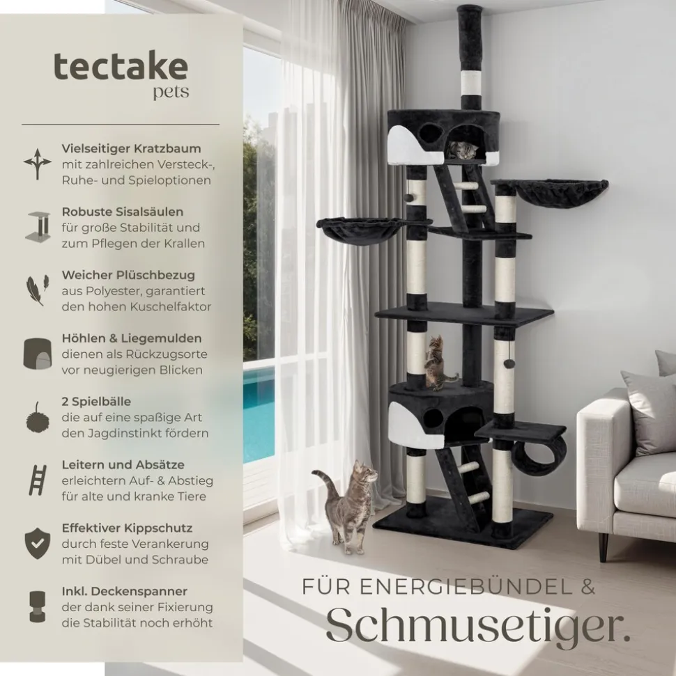 tectake® Kratzbaum, 243 bis 260 cm, mit 2 Katzenhäusern, inklusive 2 Treppen, 2 Spielbällen, Deckenspanner und Kippschutz