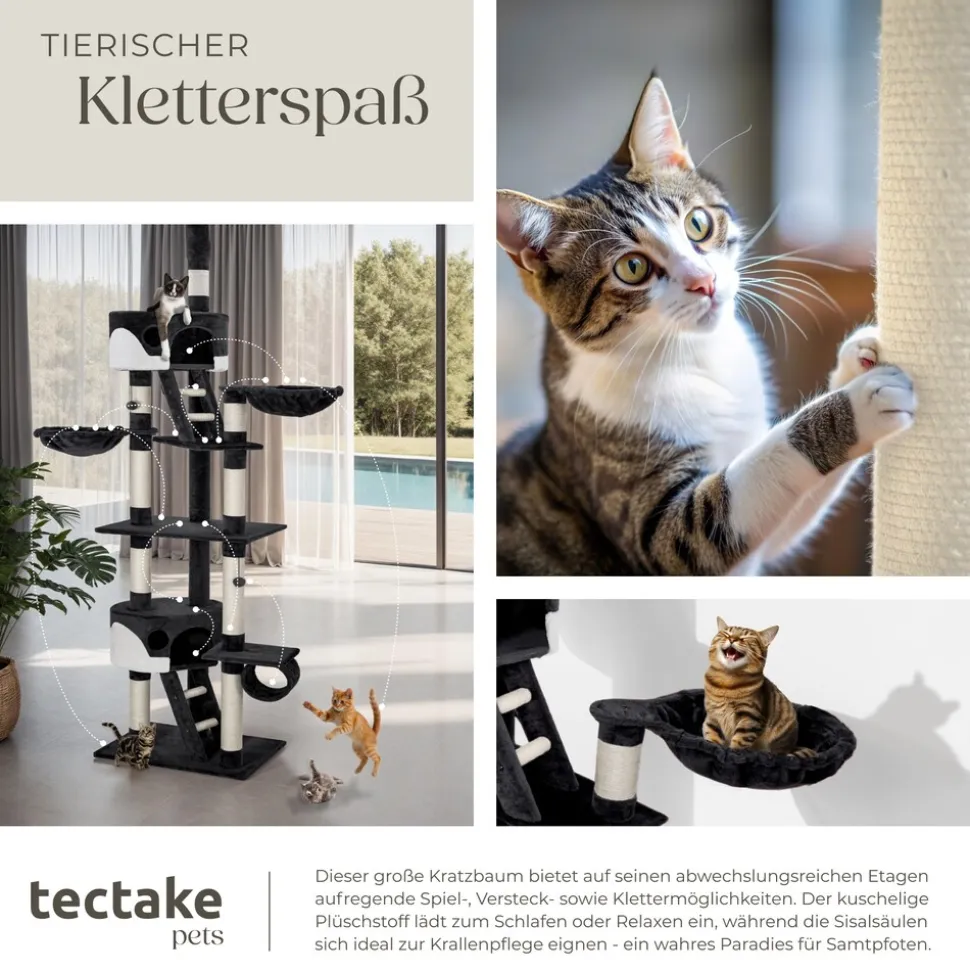 tectake® Kratzbaum, 243 bis 260 cm, mit 2 Katzenhäusern, inklusive 2 Treppen, 2 Spielbällen, Deckenspanner und Kippschutz
